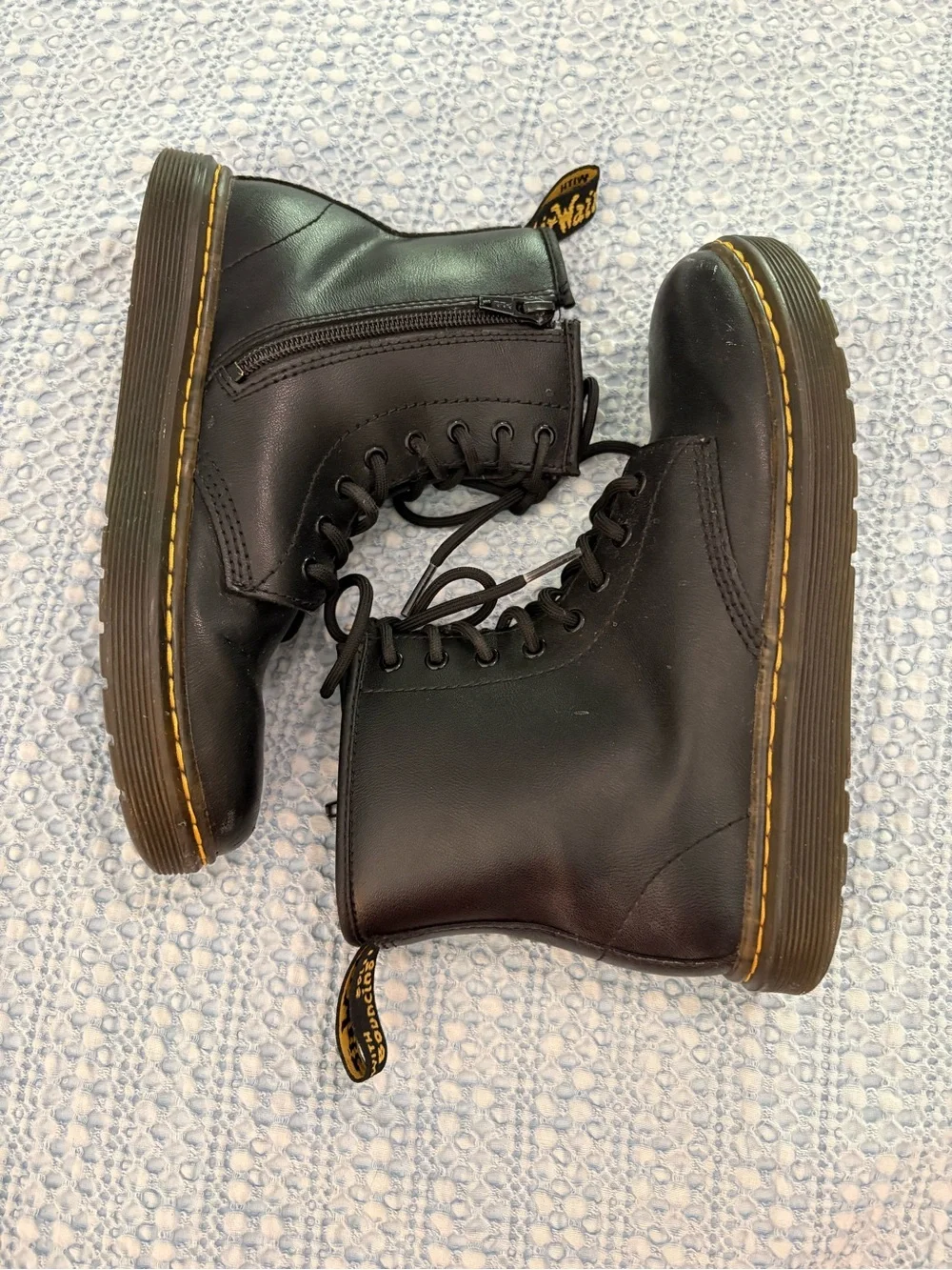 Dr. Martens Zavala J Youth Side Zip Combat Boots Black Yellow Stitching Size 4